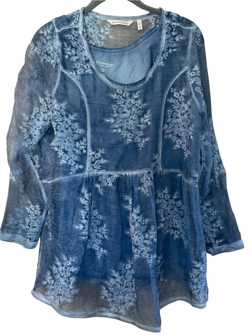 Soft Surroundings Blue Silk Embroidered Boho Tunic Top Petite Small PS